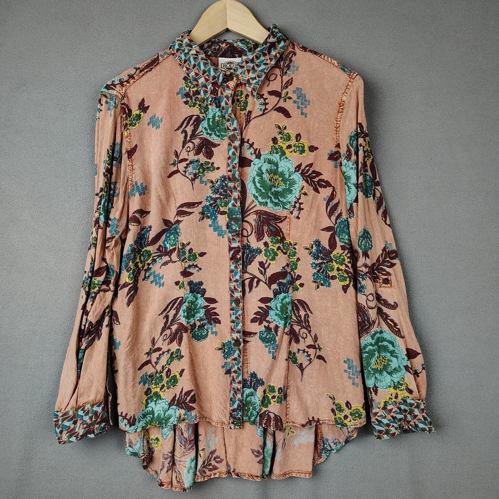 Vintage ROD'S Western Shirt Women Medium Coral Floral Boho Button Up Cowgirl